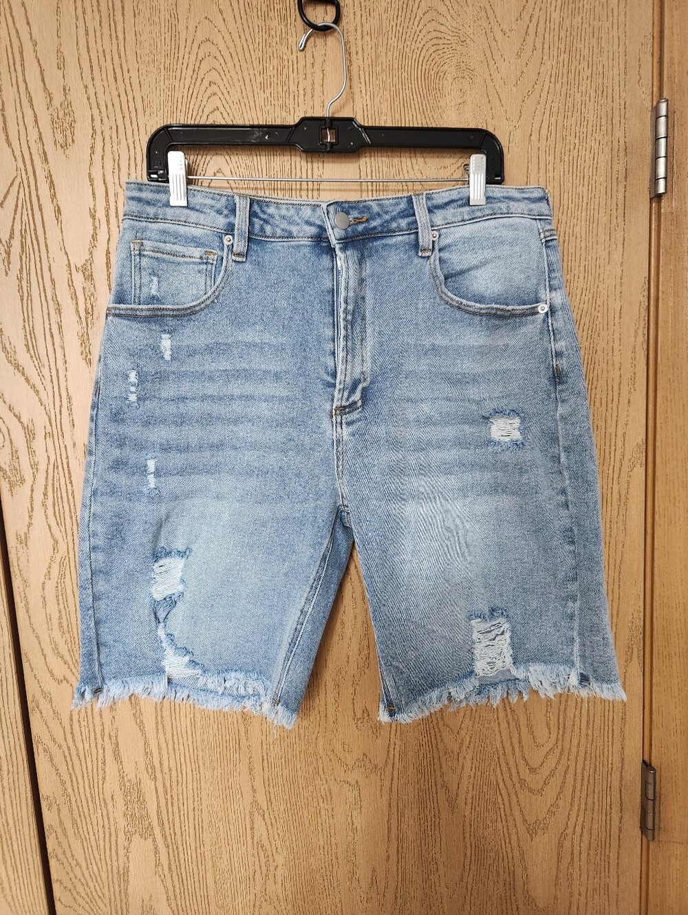 Fashion Nova Women's Light Wash Distressed Denim Knee Length Jean Shorts
